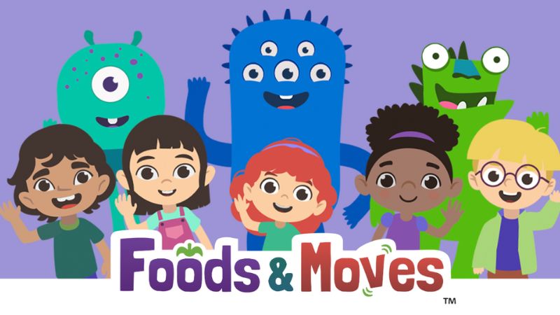 Cartoon children smiling on a Foods and Moves poster